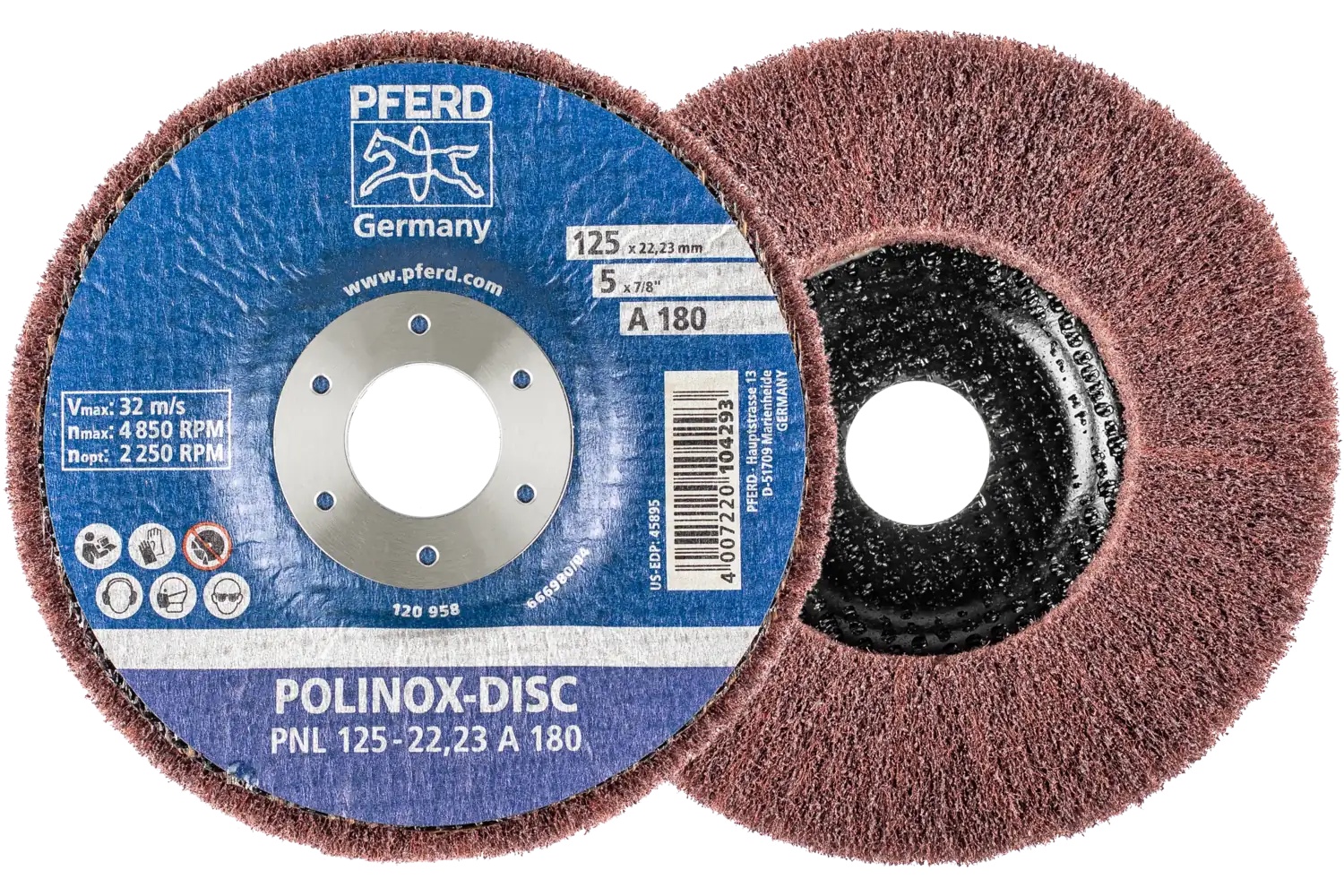 Picture of Pferd Polinox® Fibre-backing disc, 5" 3/4 x 7/8, Radial, 180 Grit, Aluminum oxide